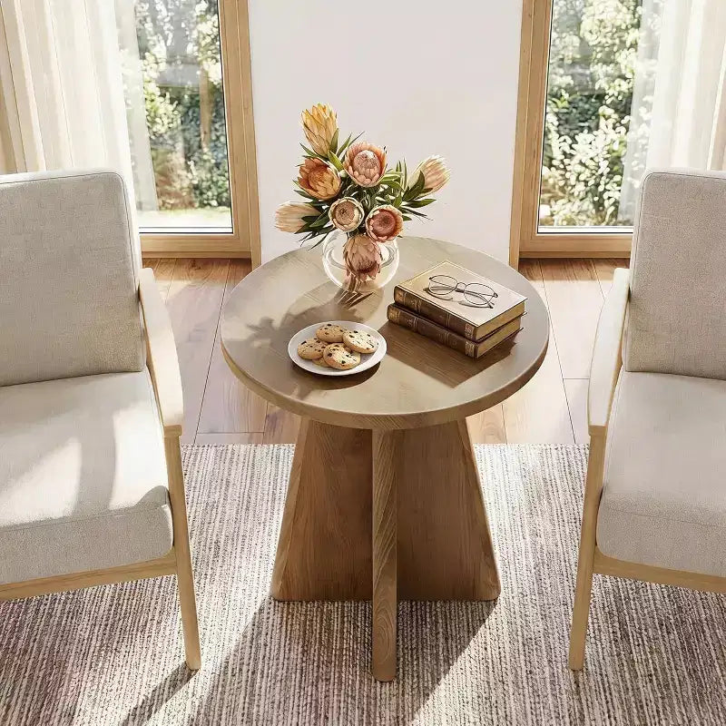 Brown Oak Round End Table, Pedestal Base, 1–2 Person Use