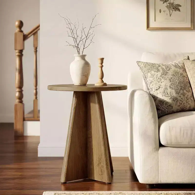 Brown Oak Round End Table, Pedestal Base, 1–2 Person Use