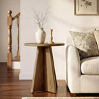 Brown Oak Round End Table, Pedestal Base, 1–2 Person Use