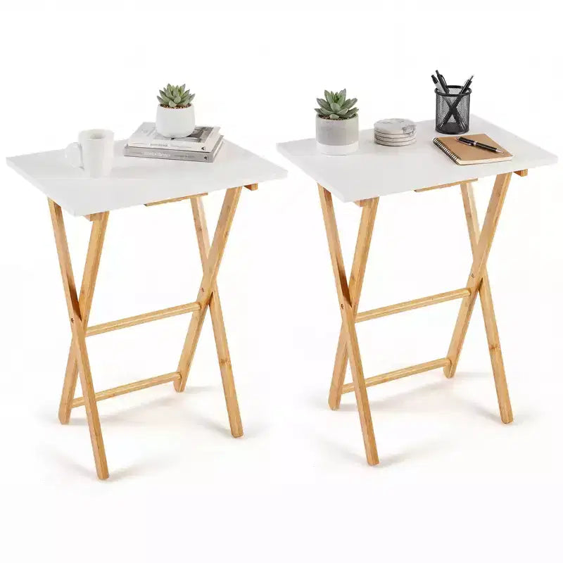 White Bamboo Folding TV Tray Table, Set of 2