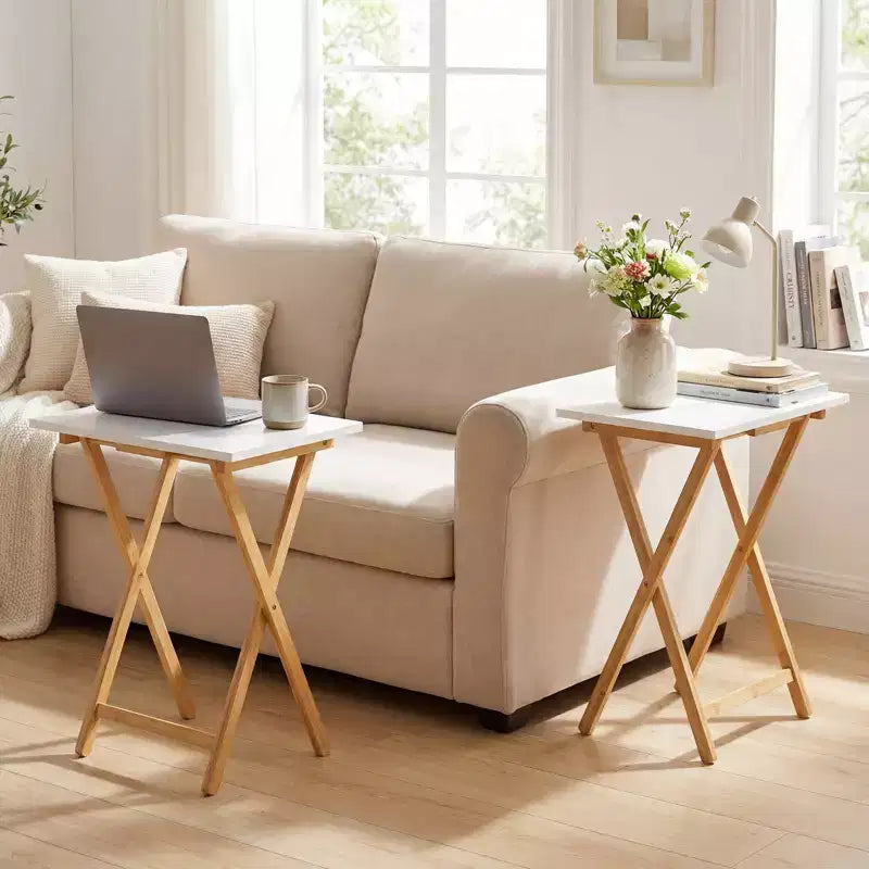 White Bamboo Folding TV Tray Table, Set of 2