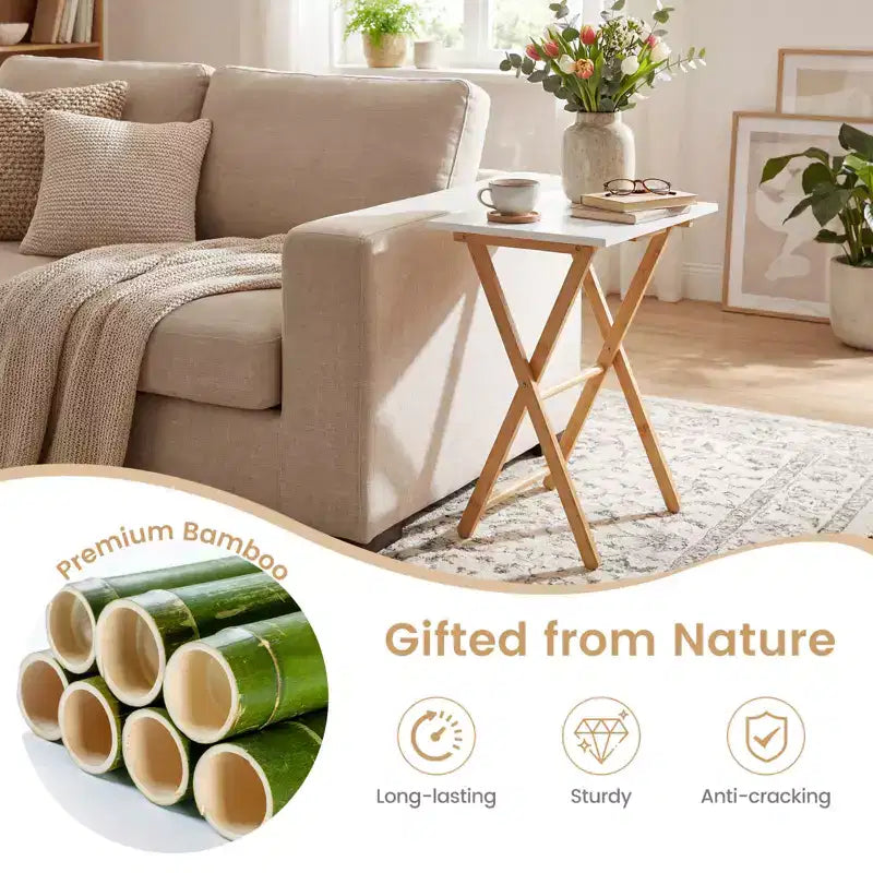 White Bamboo Folding TV Tray Table, Set of 2
