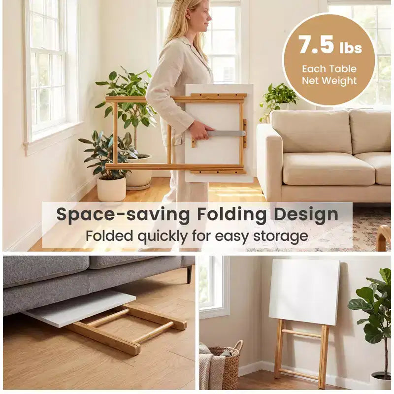 White Bamboo Folding TV Tray Table, Set of 2