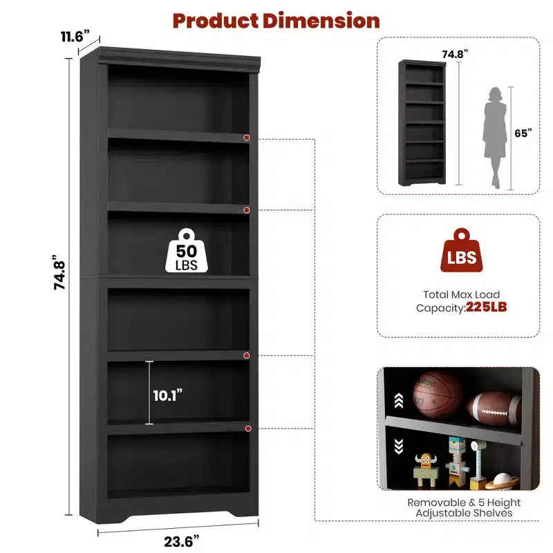 5/6-Tier Adjustable Bookshelf,Farmhouse Tall Bookcase, Freestanding Storage Organizer w/ Anti-Tip Kit for Home Office,Living Room,Study
