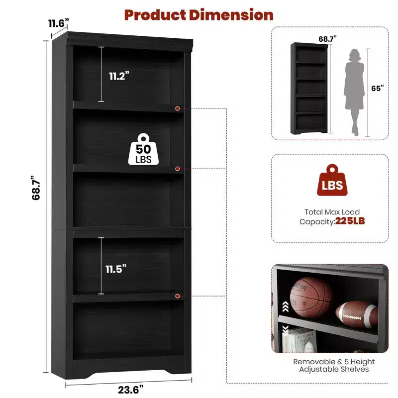5/6-Tier Adjustable Bookshelf,Farmhouse Tall Bookcase, Freestanding Storage Organizer w/ Anti-Tip Kit for Home Office,Living Room,Study