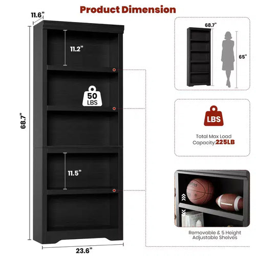5/6-Tier Adjustable Bookshelf,Farmhouse Tall Bookcase, Freestanding Storage Organizer w/ Anti-Tip Kit for Home Office,Living Room,Study