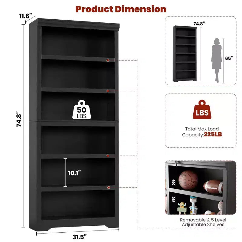 5/6-Tier Adjustable Bookshelf,Farmhouse Tall Bookcase, Freestanding Storage Organizer w/ Anti-Tip Kit for Home Office,Living Room,Study
