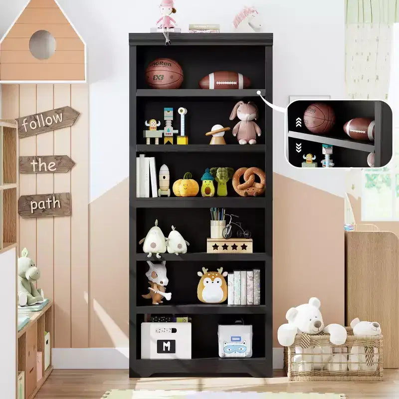 5/6-Tier Adjustable Bookshelf,Farmhouse Tall Bookcase, Freestanding Storage Organizer w/ Anti-Tip Kit for Home Office,Living Room,Study