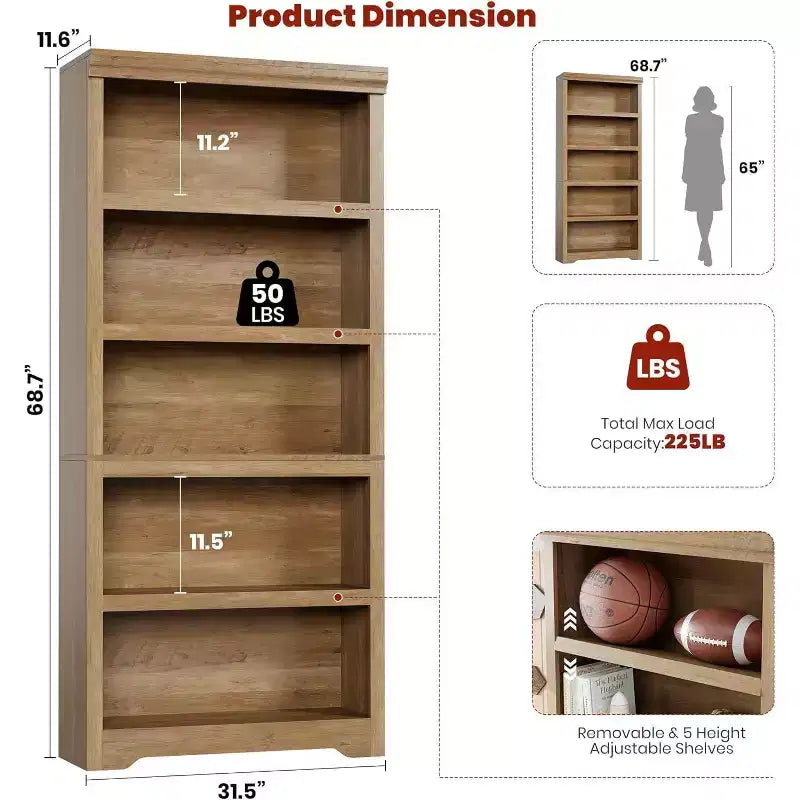 5/6-Tier Adjustable Bookshelf,Farmhouse Tall Bookcase, Freestanding Storage Organizer w/ Anti-Tip Kit for Home Office,Living Room,Study