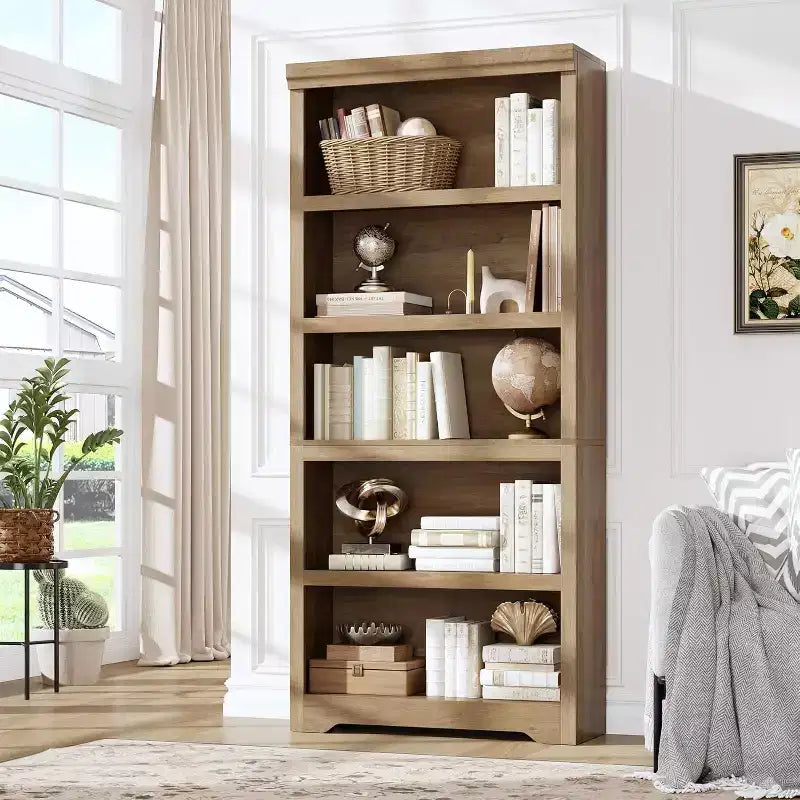 5/6-Tier Adjustable Bookshelf,Farmhouse Tall Bookcase, Freestanding Storage Organizer w/ Anti-Tip Kit for Home Office,Living Room,Study