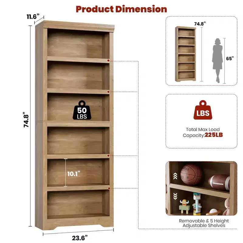 5/6-Tier Adjustable Bookshelf,Farmhouse Tall Bookcase, Freestanding Storage Organizer w/ Anti-Tip Kit for Home Office,Living Room,Study