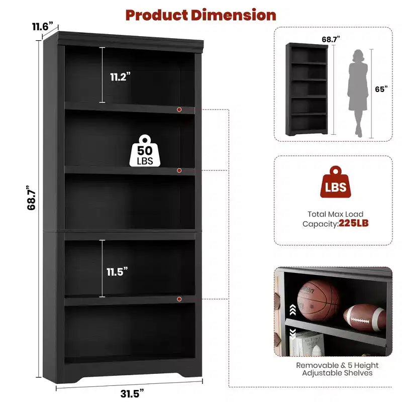 5/6-Tier Adjustable Bookshelf,Farmhouse Tall Bookcase, Freestanding Storage Organizer w/ Anti-Tip Kit for Home Office,Living Room,Study