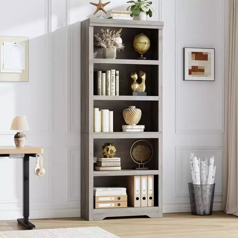 5/6-Tier Adjustable Bookshelf,Farmhouse Tall Bookcase, Freestanding Storage Organizer w/ Anti-Tip Kit for Home Office,Living Room,Study