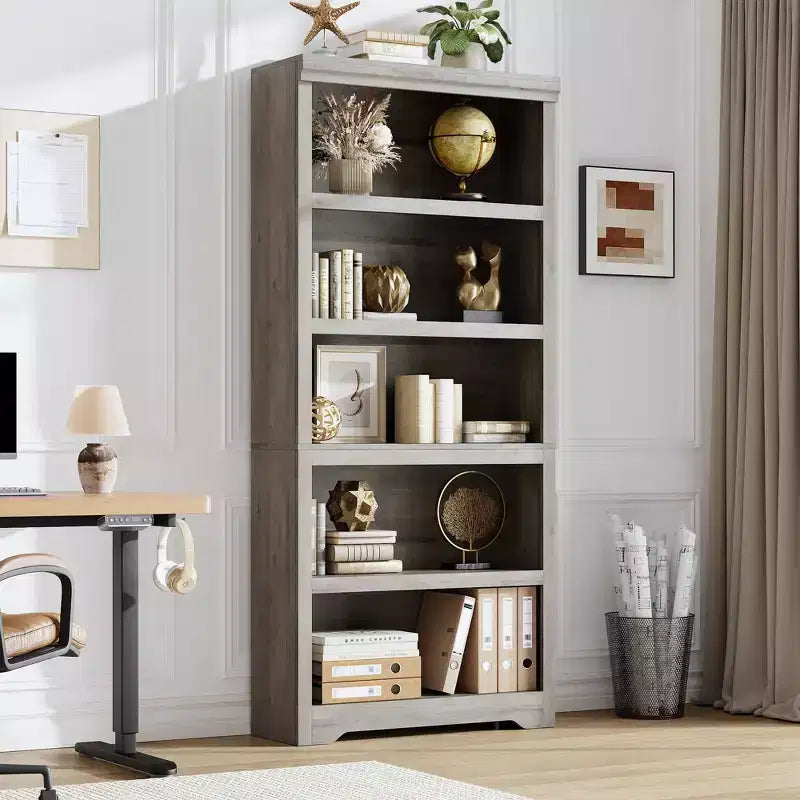 5/6-Tier Adjustable Bookshelf,Farmhouse Tall Bookcase, Freestanding Storage Organizer w/ Anti-Tip Kit for Home Office,Living Room,Study