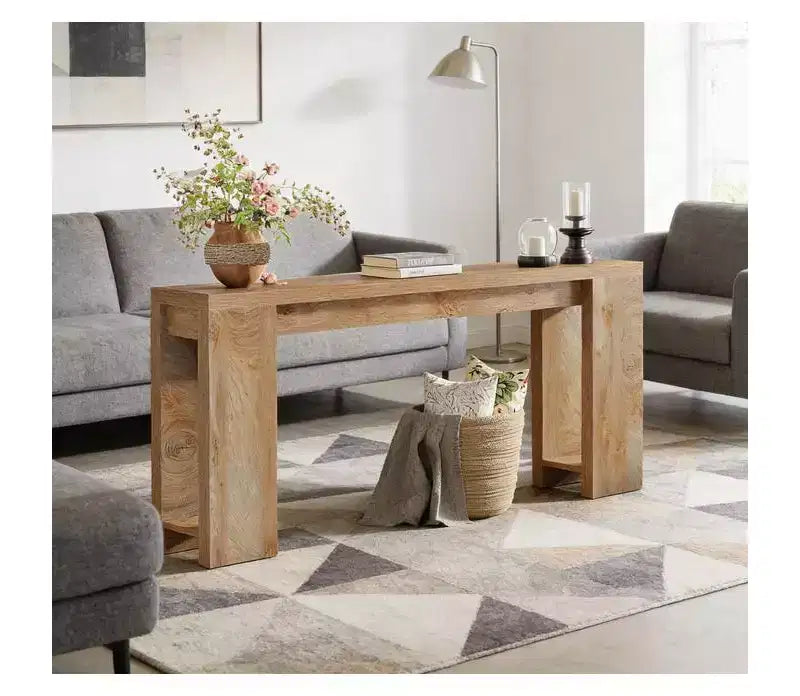 Brown Natural Wood Rectangular Sofa Table with Fixed Shelf, 1-Piece