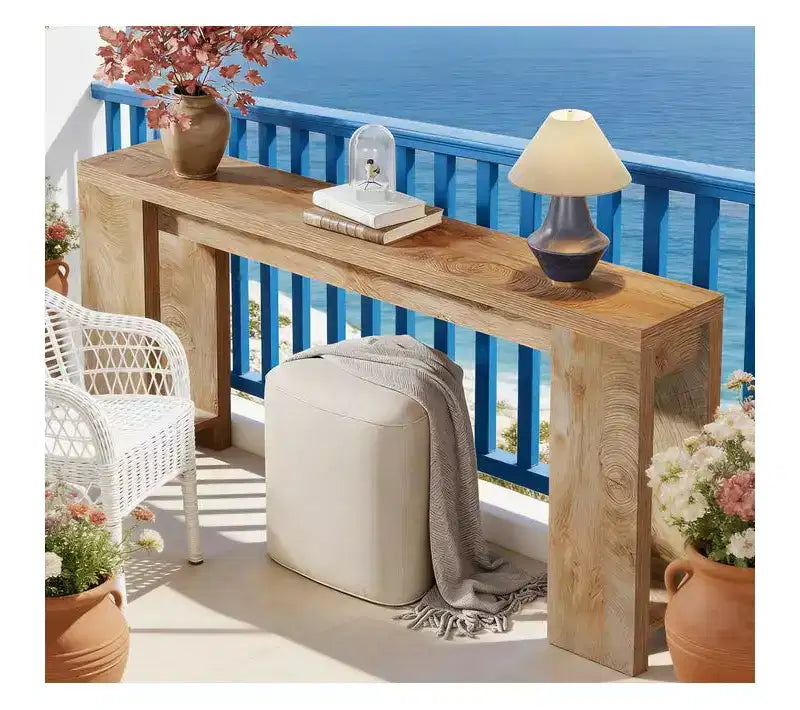 Brown Natural Wood Rectangular Sofa Table with Fixed Shelf, 1-Piece