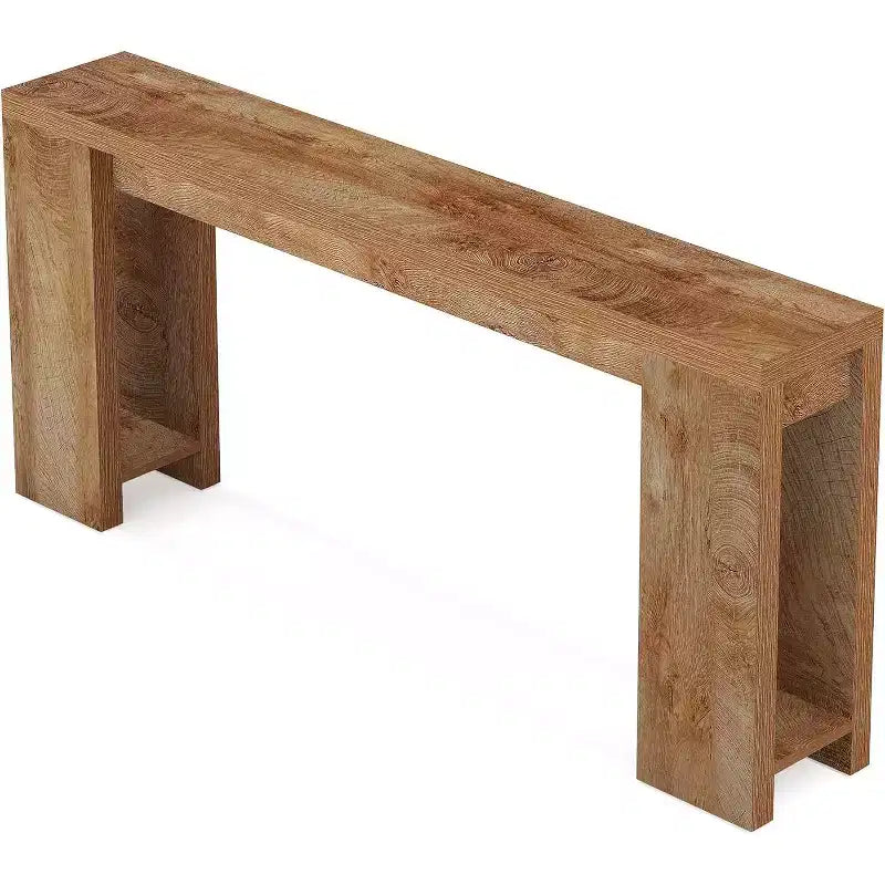 Brown Natural Wood Rectangular Sofa Table with Fixed Shelf, 1-Piece