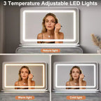 Toeletta per il trucco con specchio illuminato, Nero/Grigio/Bianco, 2 cassetti, Monoposto