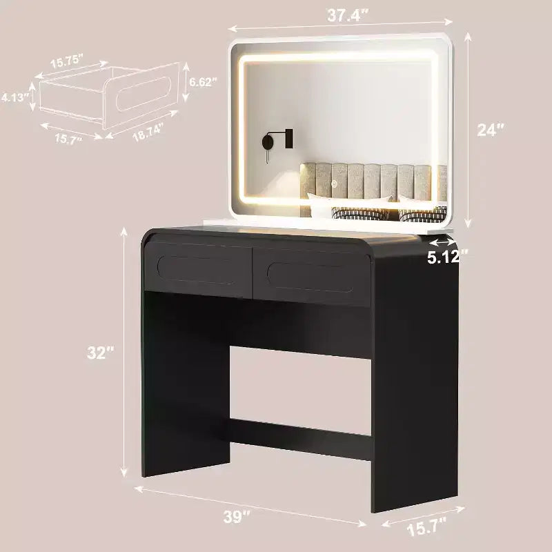 Makeup Vanity Desk with Lighted Mirror, Black/Gray/White, 2-Drawer, Single-Person