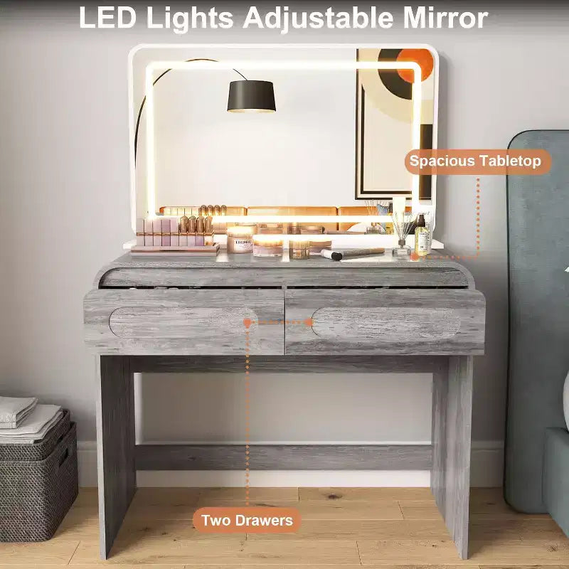 Toeletta per il trucco con specchio illuminato, Nero/Grigio/Bianco, 2 cassetti, Monoposto