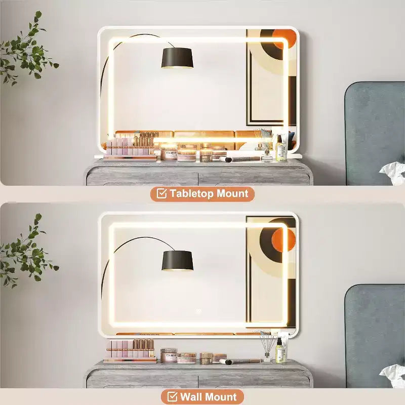 Toeletta per il trucco con specchio illuminato, Nero/Grigio/Bianco, 2 cassetti, Monoposto