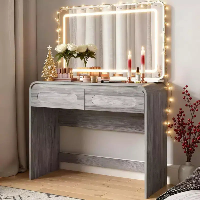 Makeup Vanity Desk with Lighted Mirror, Black/Gray/White, 2-Drawer, Single-Person