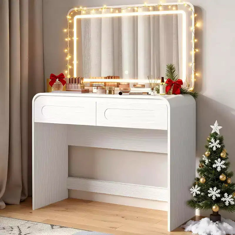 Makeup Vanity Desk with Lighted Mirror, Black/Gray/White, 2-Drawer, Single-Person