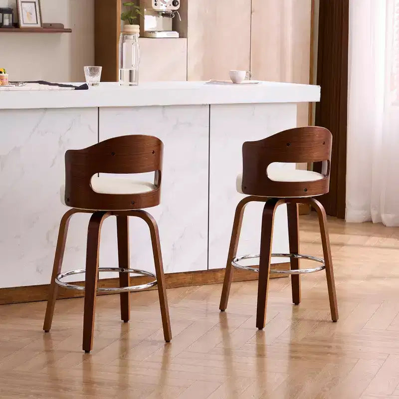 Faux Leather Swivel Counter Bar Stool with Bentwood Legs, Black/White, Set of 2