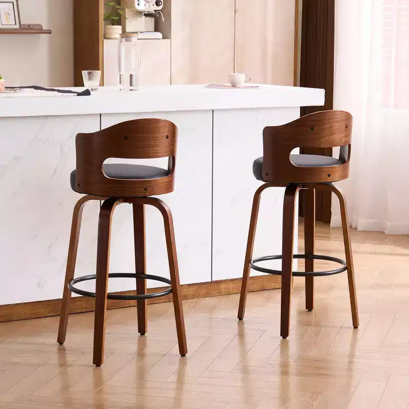 Faux Leather Swivel Counter Bar Stool with Bentwood Legs, Black/White, Set of 2
