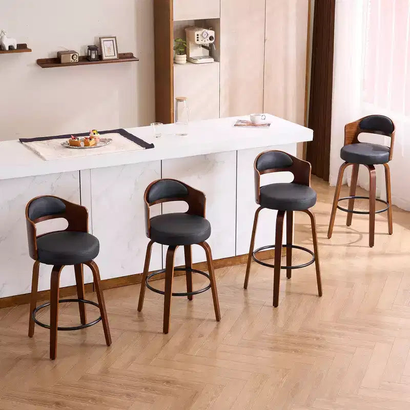 Faux Leather Swivel Counter Bar Stool with Bentwood Legs, Black/White, Set of 2