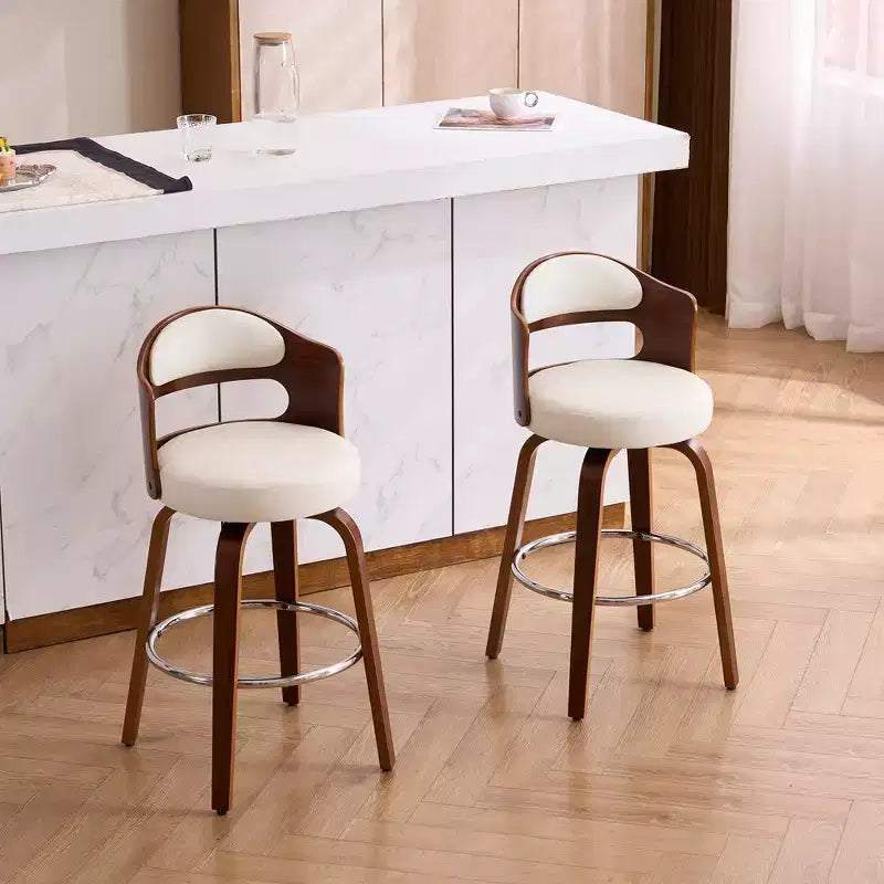 Faux Leather Swivel Counter Bar Stool with Bentwood Legs, Black/White, Set of 2