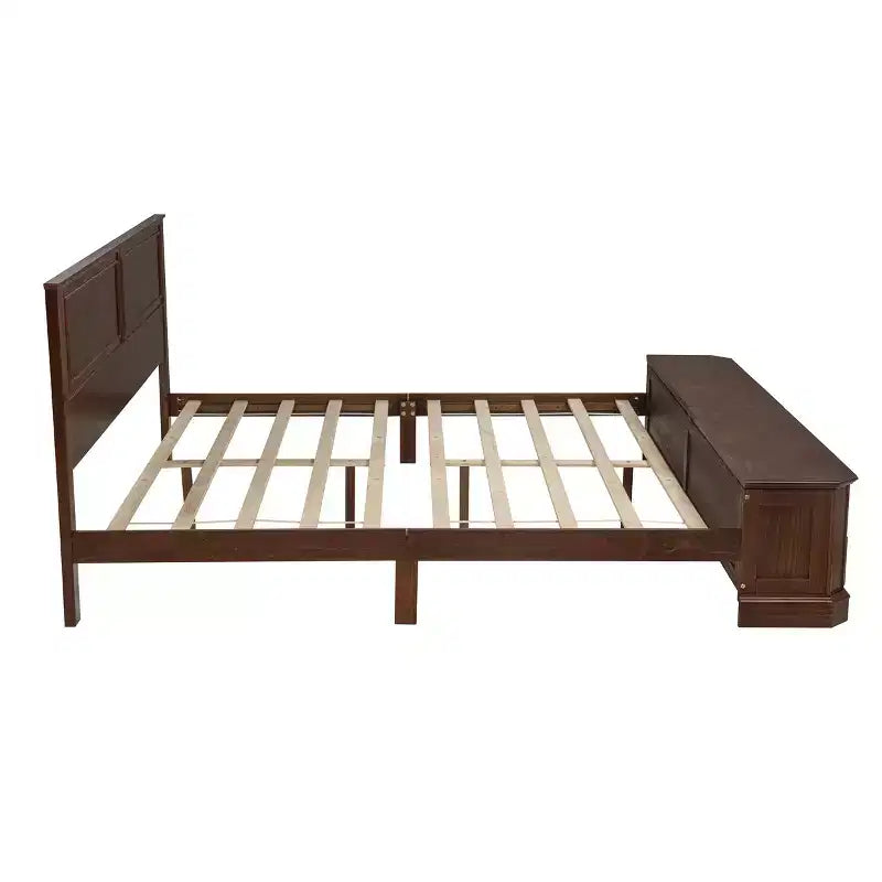 Walnut / White Farmhouse Queen Bed with Footboard Storage Bench & 2 Drawers, For 1–2 Users