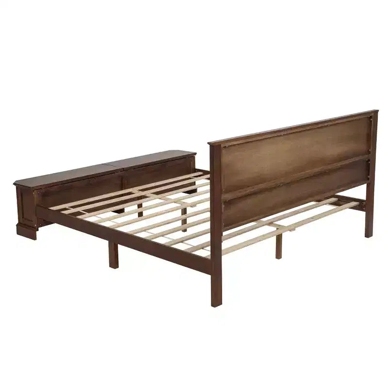Walnut / White Farmhouse Queen Bed with Footboard Storage Bench & 2 Drawers, For 1–2 Users