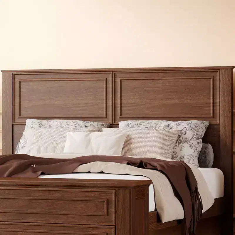 Walnut / White Farmhouse Queen Bed with Footboard Storage Bench & 2 Drawers, For 1–2 Users