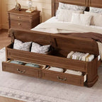 Walnut / White Farmhouse Queen Bed with Footboard Storage Bench & 2 Drawers, For 1–2 Users