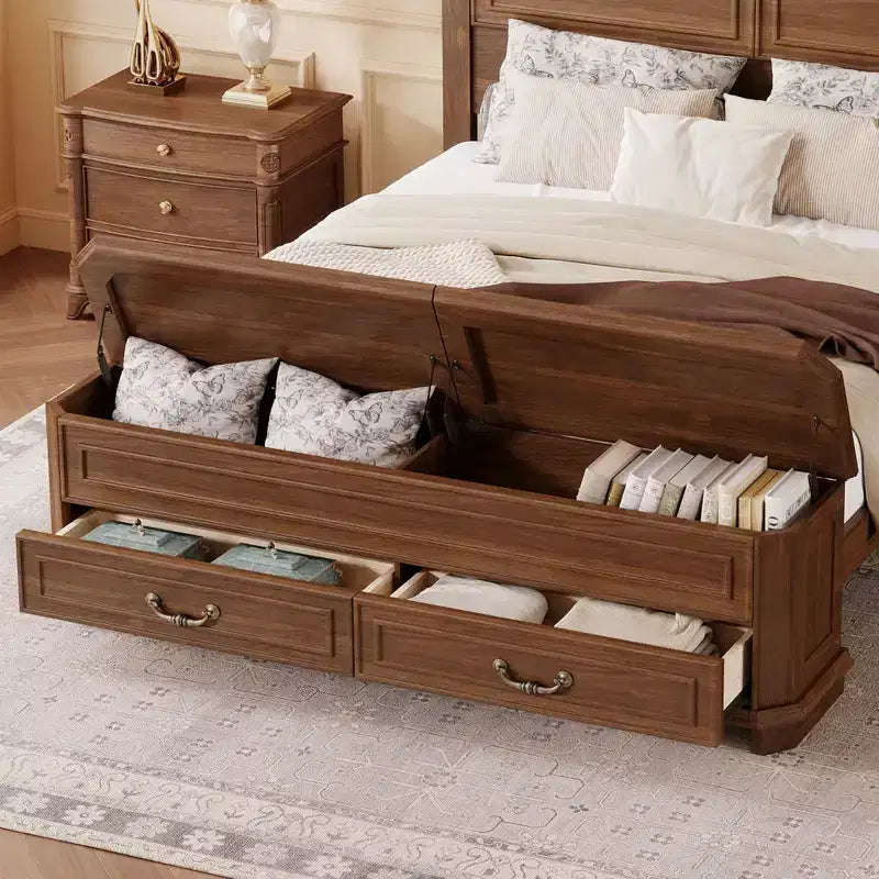 Walnut / White Farmhouse Queen Bed with Footboard Storage Bench & 2 Drawers, For 1–2 Users