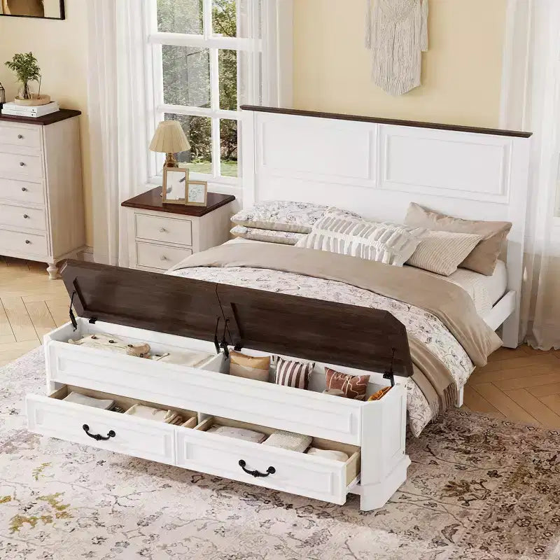 Walnut / White Farmhouse Queen Bed with Footboard Storage Bench & 2 Drawers, For 1–2 Users