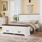 Walnut / White Farmhouse Queen Bed with Footboard Storage Bench & 2 Drawers, For 1–2 Users