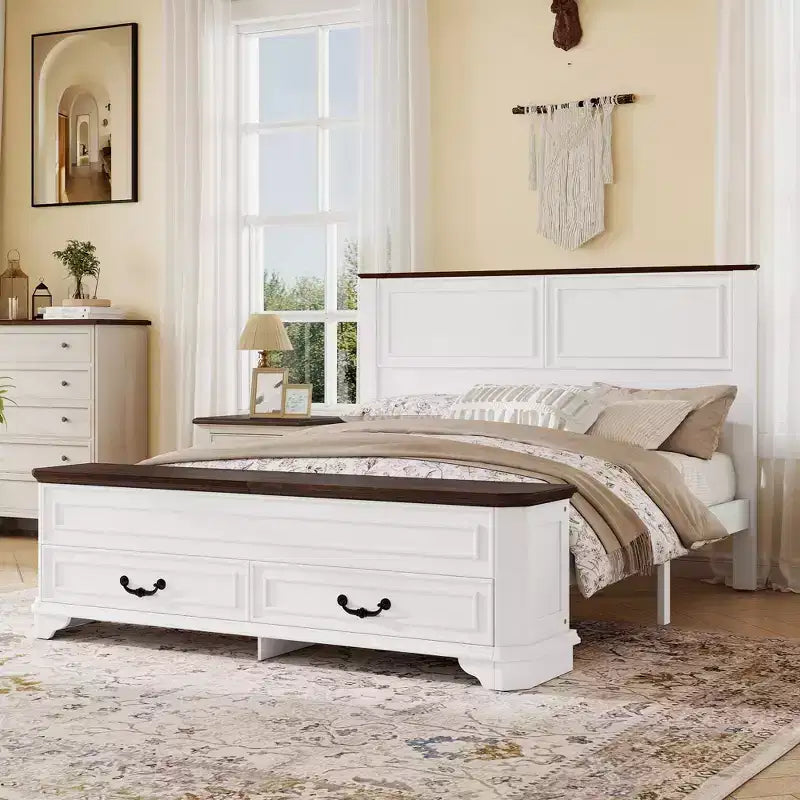 Walnut / White Farmhouse Queen Bed with Footboard Storage Bench & 2 Drawers, For 1–2 Users