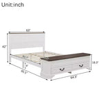 Walnut / White Farmhouse Queen Bed with Footboard Storage Bench & 2 Drawers, For 1–2 Users