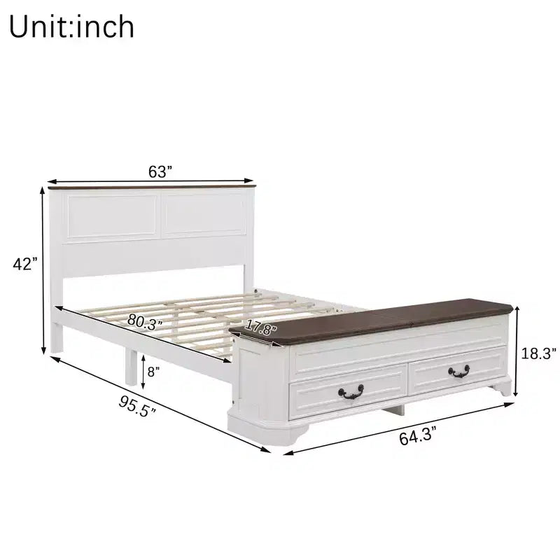 Walnut / White Farmhouse Queen Bed with Footboard Storage Bench & 2 Drawers, For 1–2 Users