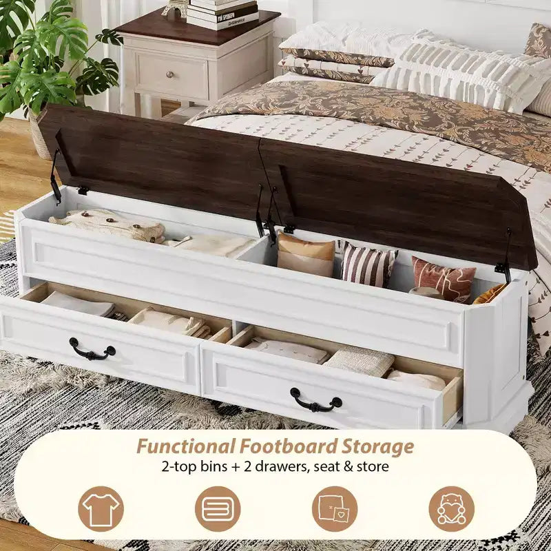 Walnut / White Farmhouse Queen Bed with Footboard Storage Bench & 2 Drawers, For 1–2 Users