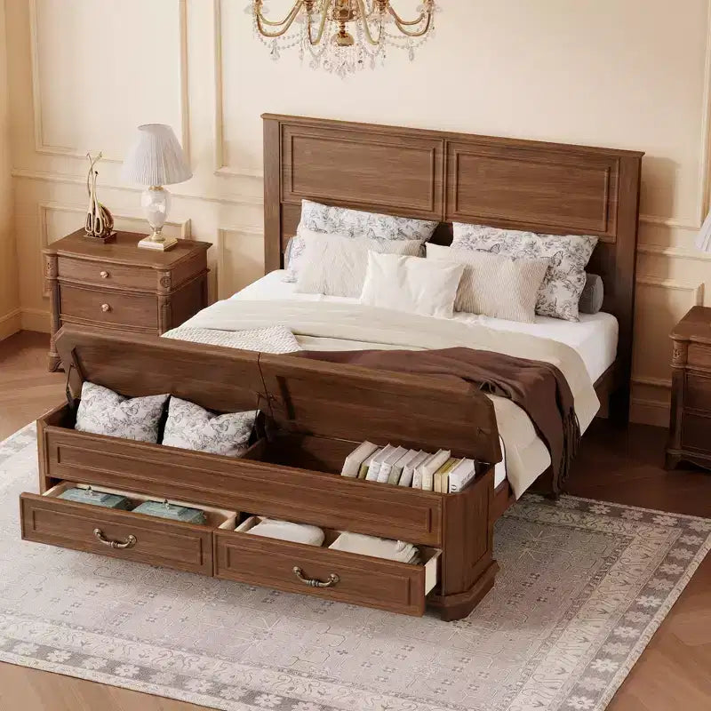 Walnut / White Farmhouse Queen Bed with Footboard Storage Bench & 2 Drawers, For 1–2 Users