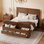 Walnut / White Farmhouse Queen Bed with Footboard Storage Bench & 2 Drawers, For 1–2 Users