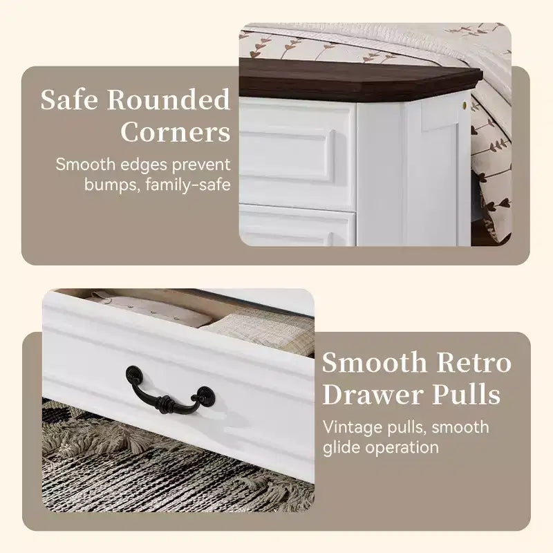 Walnut / White Farmhouse Queen Bed with Footboard Storage Bench & 2 Drawers, For 1–2 Users