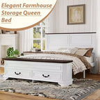 Walnut / White Farmhouse Queen Bed with Footboard Storage Bench & 2 Drawers, For 1–2 Users