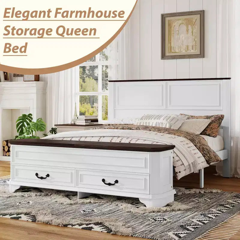 Walnut / White Farmhouse Queen Bed with Footboard Storage Bench & 2 Drawers, For 1–2 Users
