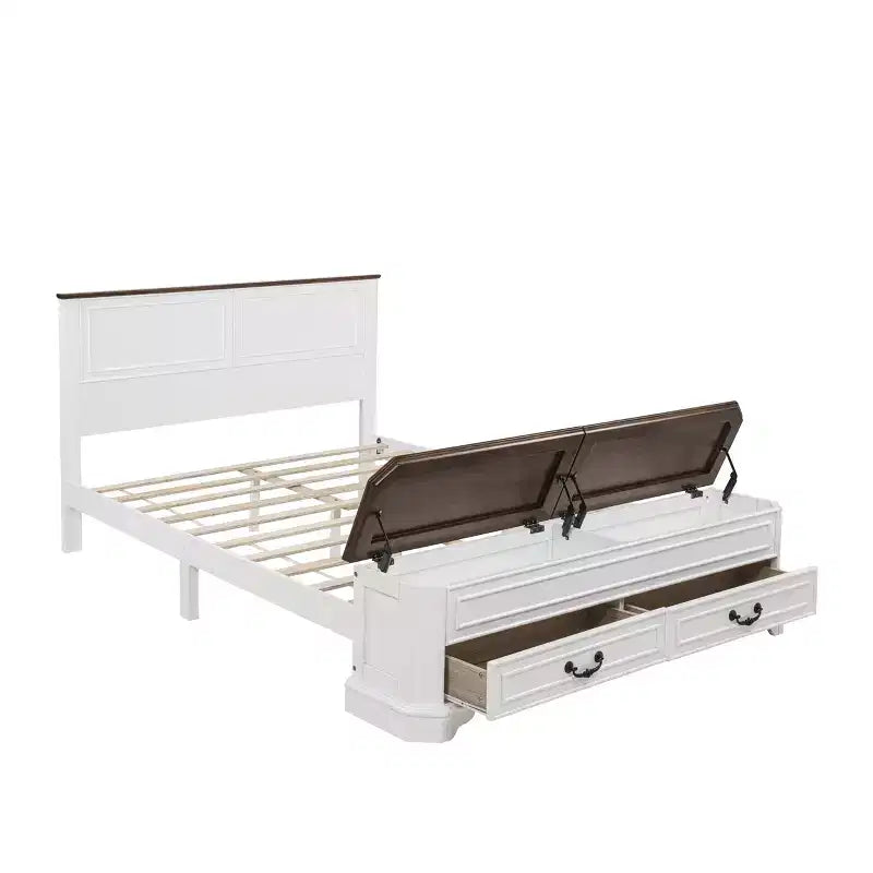 Walnut / White Farmhouse Queen Bed with Footboard Storage Bench & 2 Drawers, For 1–2 Users