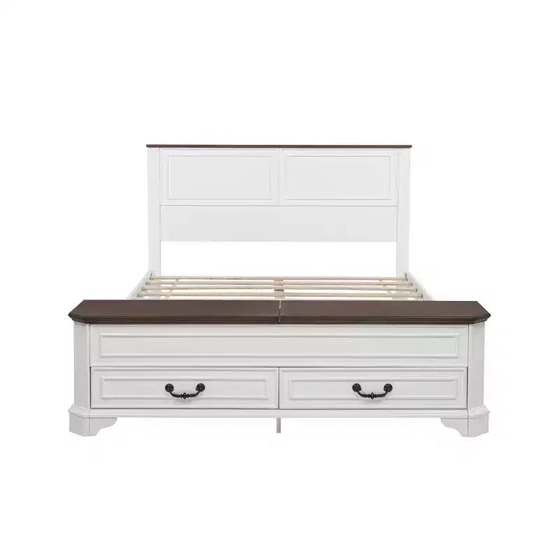 Walnut / White Farmhouse Queen Bed with Footboard Storage Bench & 2 Drawers, For 1–2 Users