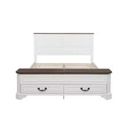 Walnut / White Farmhouse Queen Bed with Footboard Storage Bench & 2 Drawers, For 1–2 Users